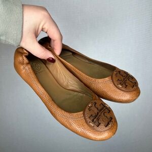 Tory Burch Reva Tan Leather Ballet Flats‎ Round Toe Logo Women Size 6